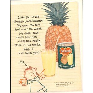 1956 Del Monte Pineapple Juice Vintage Print Ad Little Girl Stick Figure Drawing